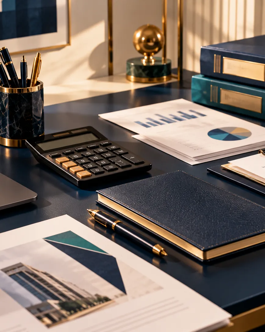 Calculator, leather notebook, pen and financial reports on a navy desk