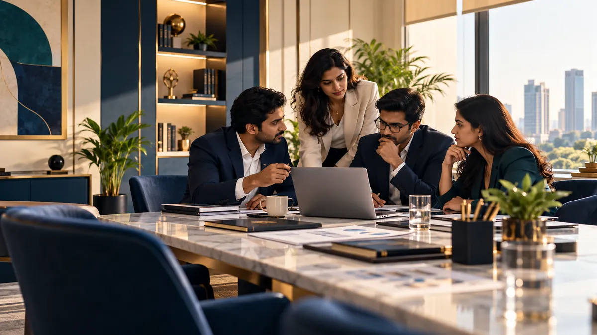 Advisory team reviewing figures together around a conference table