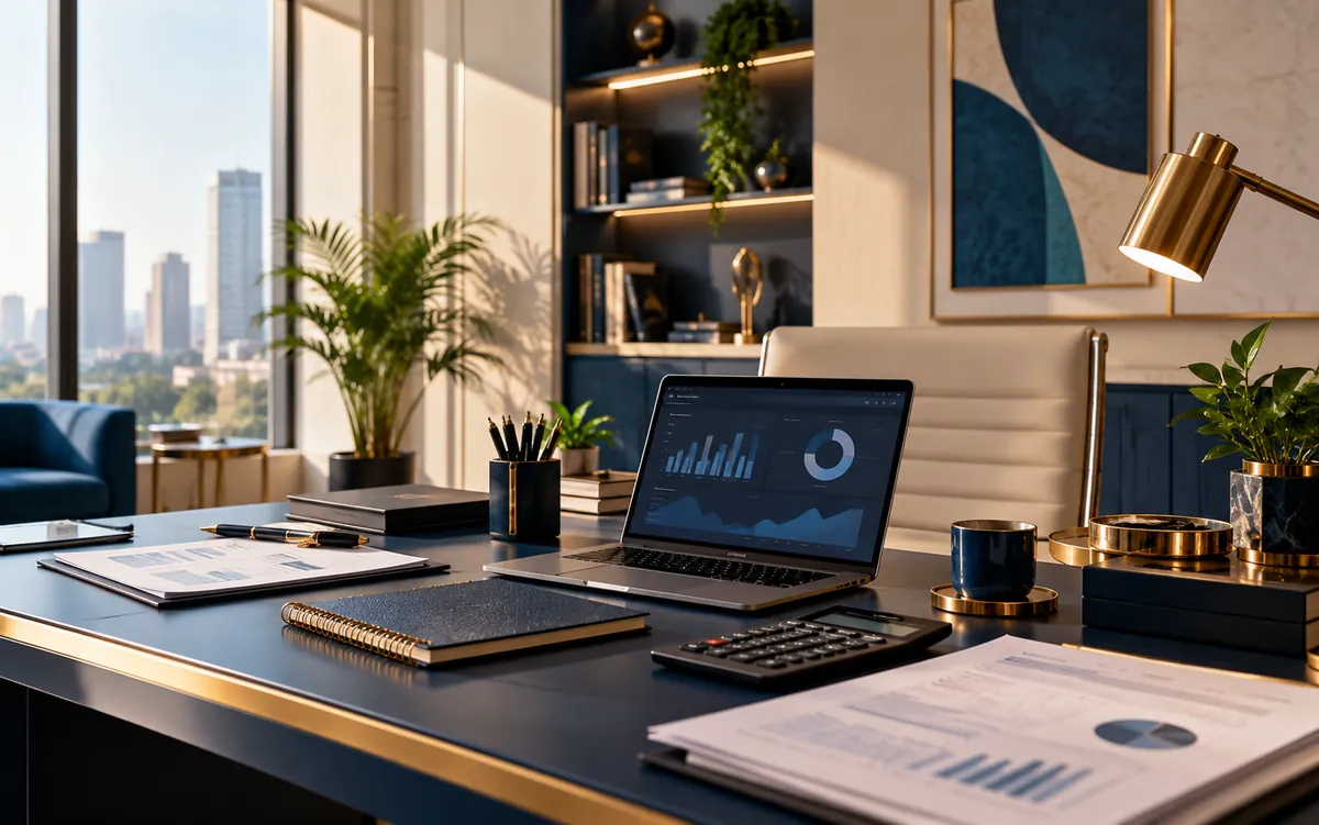 Sunlit office desk overlooking the city