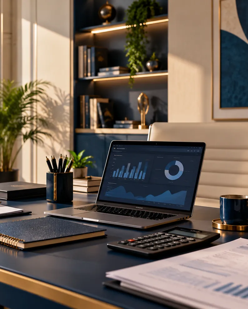 Accountant's desk with a financial dashboard, calculator and reports in a sunlit office